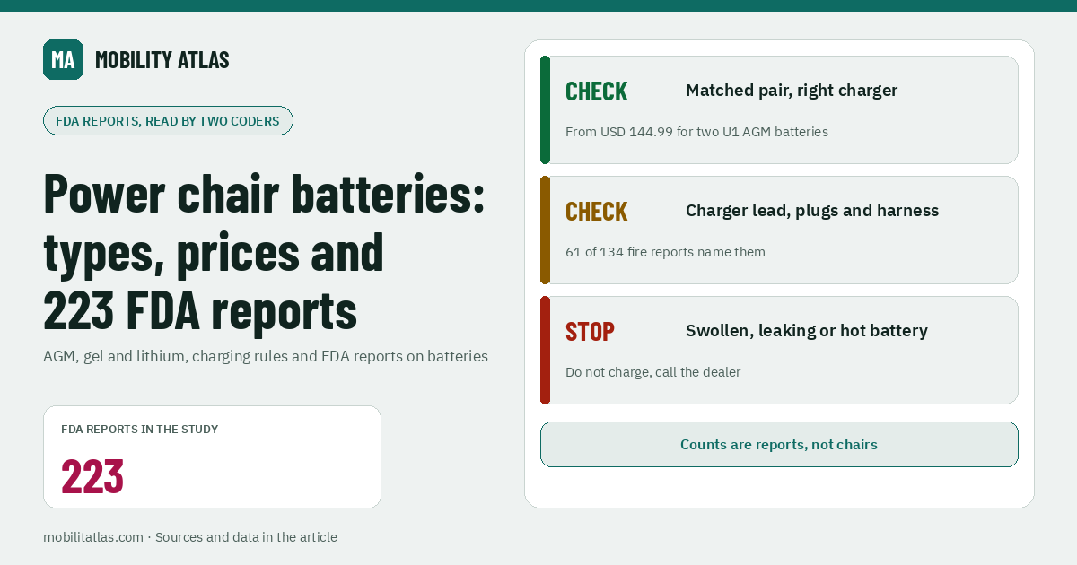 Cover: Power wheelchair batteries and charging in 2026: types, prices and what 223 FDA reports show